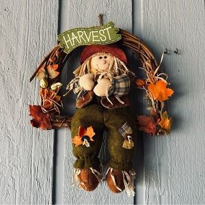 Harvest Scarecrow Wreath Orange Thanksgiving Autumn Fall Vintage Leaves Red